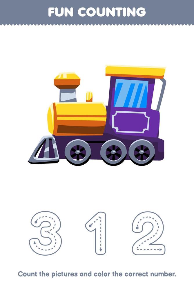 onderwijs spel voor kinderen tellen de afbeeldingen en kleur de correct aantal van schattig tekenfilm trein locomotief afdrukbare vervoer werkblad vector