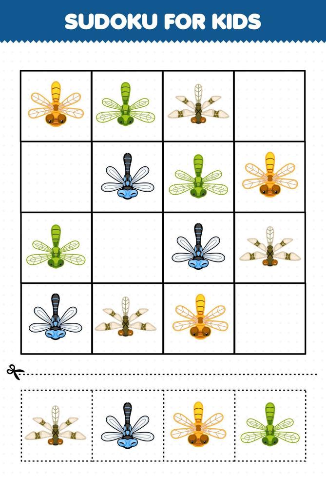 onderwijs spel voor kinderen sudoku voor kinderen met schattig tekenfilm libel afdrukbare kever werkblad vector