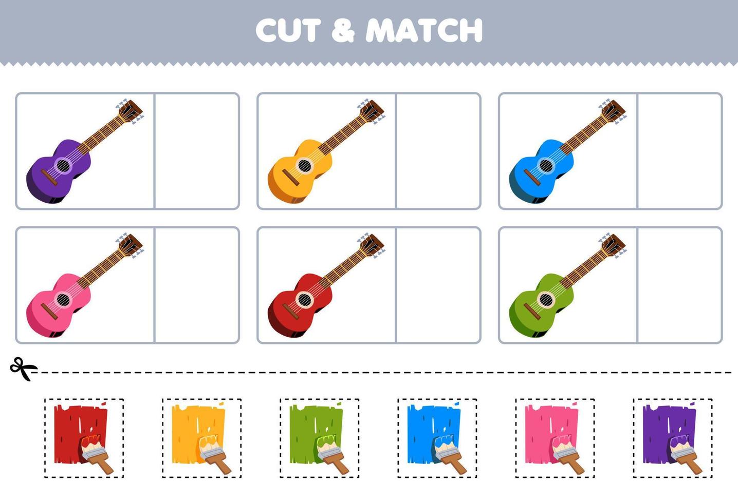 onderwijs spel voor kinderen besnoeiing en bij elkaar passen de dezelfde kleur van tekenfilm gitaar afdrukbare muziek- instrument werkblad vector