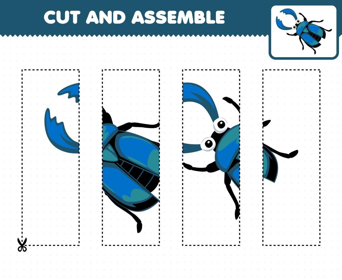 onderwijs spel voor kinderen snijdend praktijk en monteren puzzel met schattig tekenfilm blauw hert kever afdrukbare kever werkblad vector