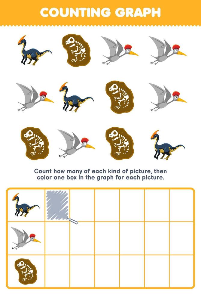 onderwijs spel voor kinderen tellen hoe veel schattig tekenfilm dinosaurus en fossiel vervolgens kleur de doos in de diagram afdrukbare prehistorisch dinosaurus werkblad vector