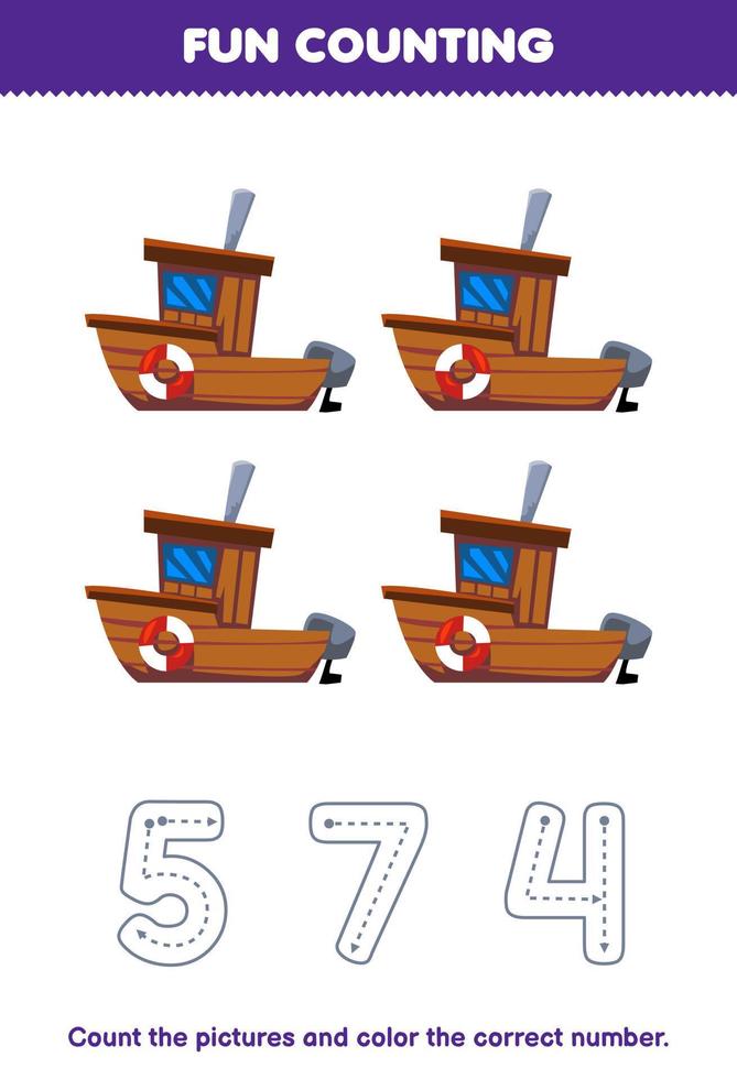 onderwijs spel voor kinderen tellen de afbeeldingen en kleur de correct aantal van schattig tekenfilm schip afdrukbare vervoer werkblad vector