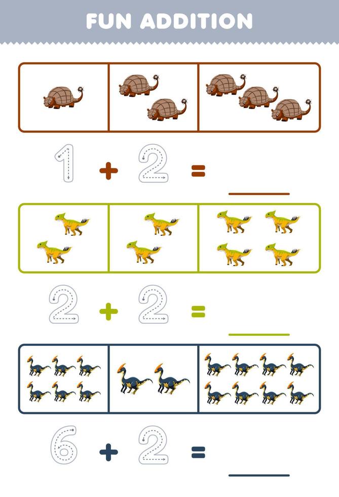onderwijs spel voor kinderen pret toevoeging door tellen en traceren de aantal van schattig tekenfilm leptoceratops parasaurolophus afdrukbare prehistorisch dinosaurus werkblad vector