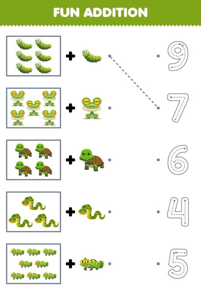 onderwijs spel voor kinderen pret tellen en toevoegen een meer schattig tekenfilm groen dier vervolgens Kiezen de correct aantal door traceren de lijn werkblad vector