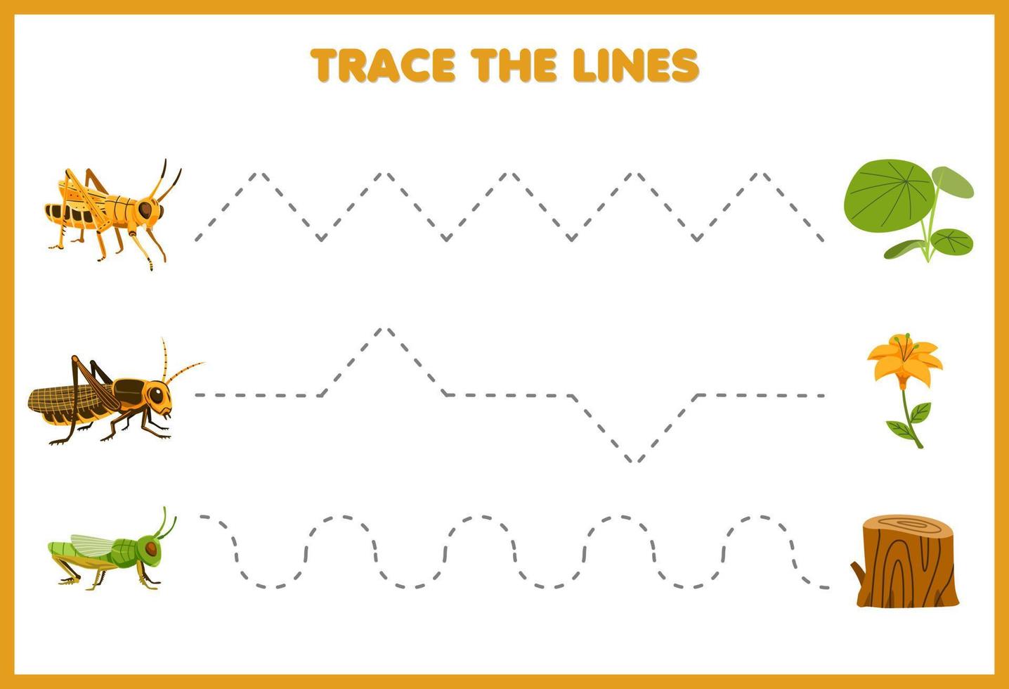 onderwijs spel voor kinderen handschrift praktijk spoor de lijnen met schattig tekenfilm sprinkhaan en fabriek afbeelding afdrukbare kever werkblad vector