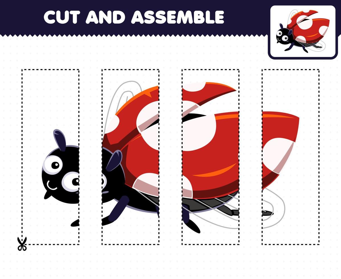 onderwijs spel voor kinderen snijdend praktijk en monteren puzzel met schattig tekenfilm lieveheersbeestje afdrukbare kever werkblad vector