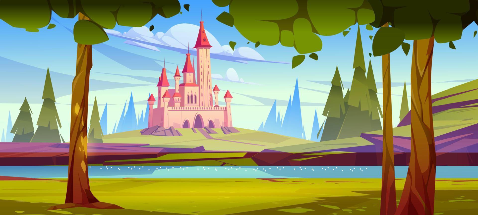 roze magie kasteel Aan groen heuvel Bij rivier- kust vector