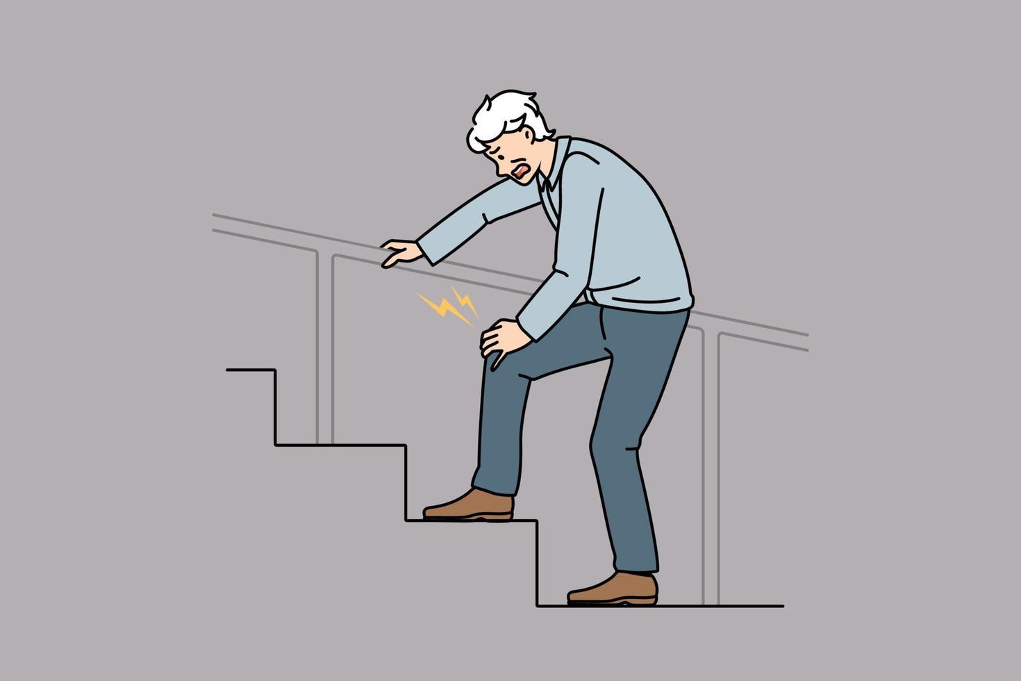 ongezond oud Mens wandelen trap omhoog lijden van knie pijn. onwel volwassen mannetje worstelen met been pijn, hebben letsel of trauma. volwassenheid, geriatrie concept. vlak vector illustratie, tekenfilm, karakter.