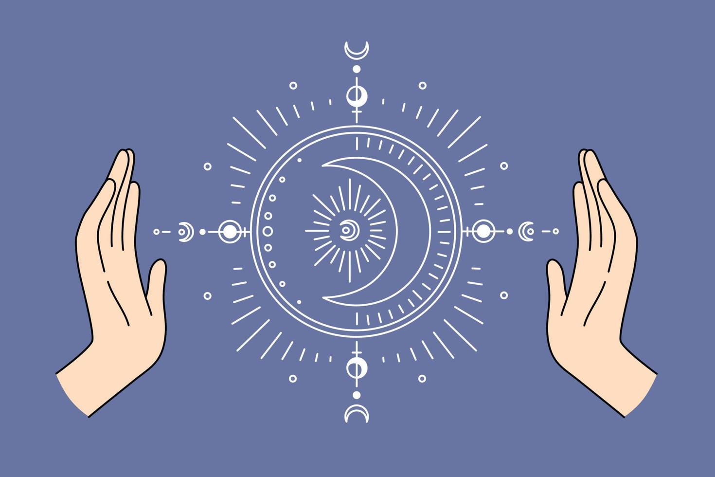 maan astrologie teken systeem concept. menselijk handen en maan oosters tekens systeem tussen hen over- blauw achtergrond vector illustratie