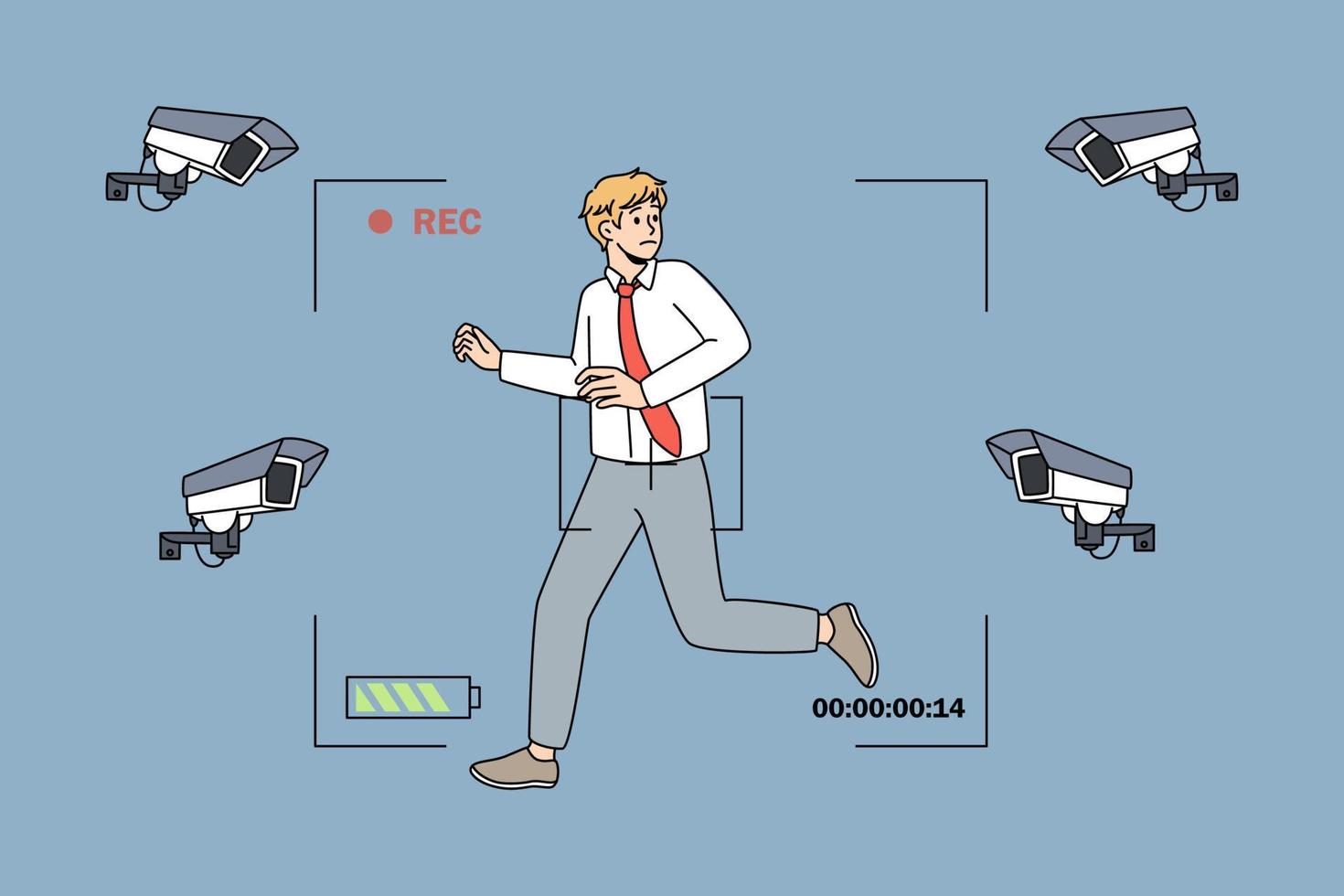 angstig jong zakenman rennen benadrukt met camera's vaststelling in aansluiting op hem. bezorgd ongelukkig Mens werknemer verontrust paniek met foto cam schieten beweegt. privacy gebrek concept. vector illustratie.