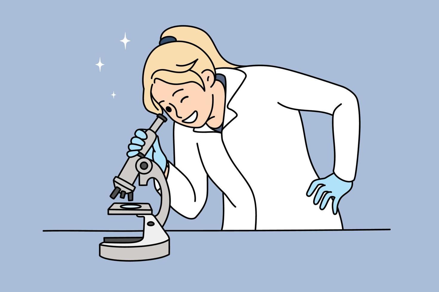 glimlachen jong vrouw wetenschapper kijken in microscoop in laboratorium. gelukkig vrouw laboratorium arbeider Doen wetenschappelijk Onderzoek met medisch apparatuur. geneeskunde en experiment. vlak vector illustratie.