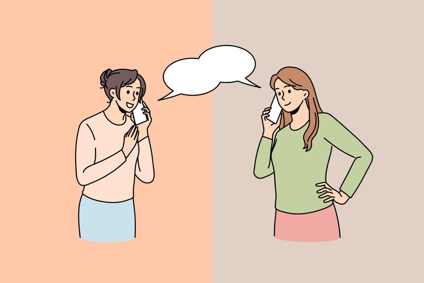 gelukkig Dames praten babbelen Aan smartphone apparaatje, genieten aangenaam gesprek. glimlachen meisjes spreken Aan mobiele telefoon telefoontje online. communicatie, technologie concept. vector illustratie, tekenfilm karakter.