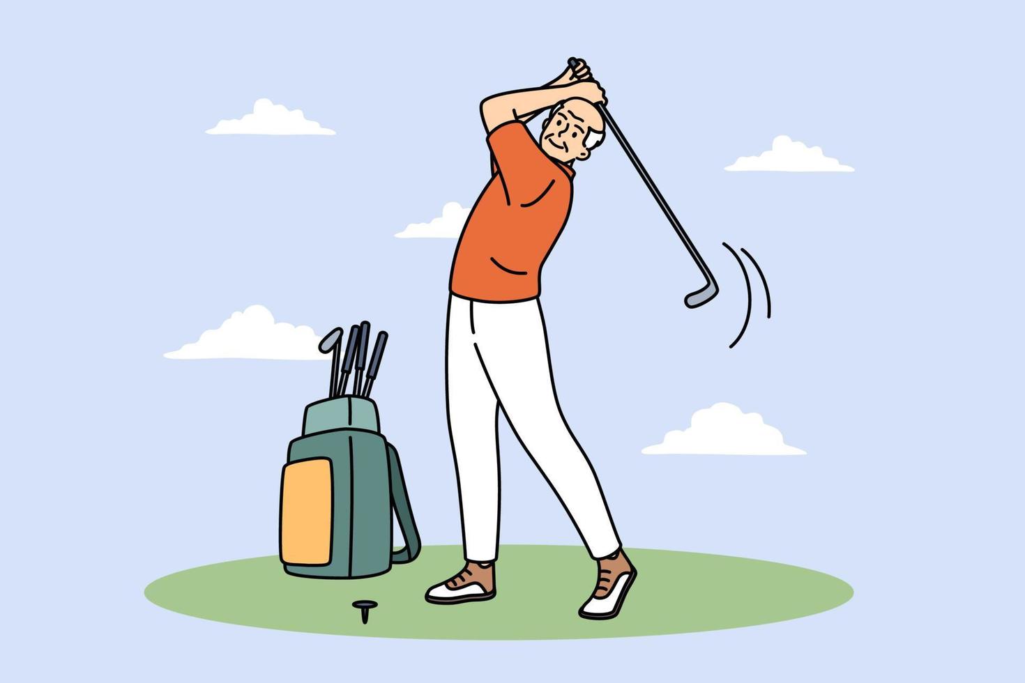 actief vrije tijd en golf concept. glimlachen volwassen ouderen Mens tekenfilm karakter staand spelen golf met club gevoel opgewonden vector illustratie