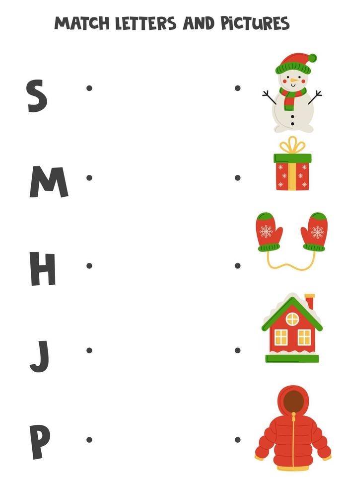 bij elkaar passen Kerstmis voorwerpen en brieven. leerzaam logisch spel voor kinderen. woordenschat werkblad. vector