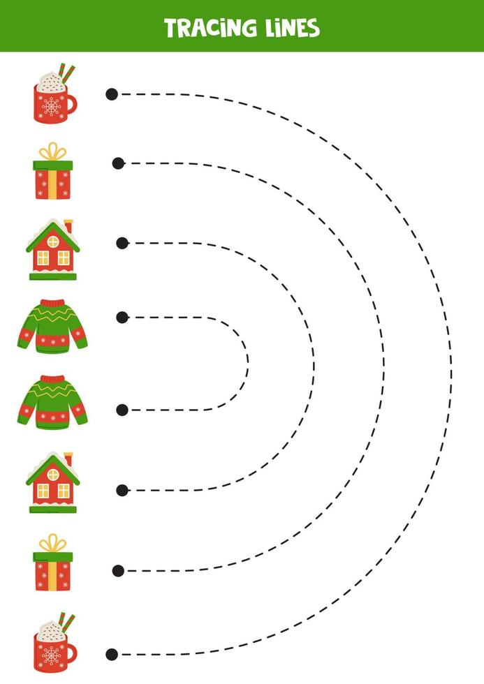 traceren lijnen voor kinderen. tekenfilm Kerstmis elementen. schrijven oefening. vector