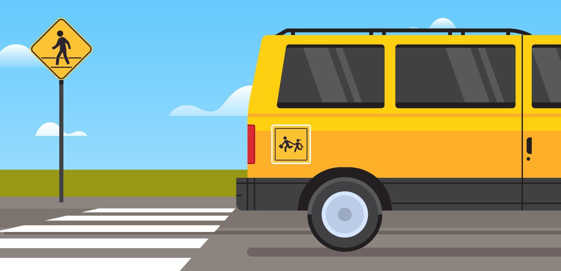 geel school- bus vervoer en terug naar school- leerlingen kinderen vervoer zebrapad concept horizontaal vlak vector illustratie.