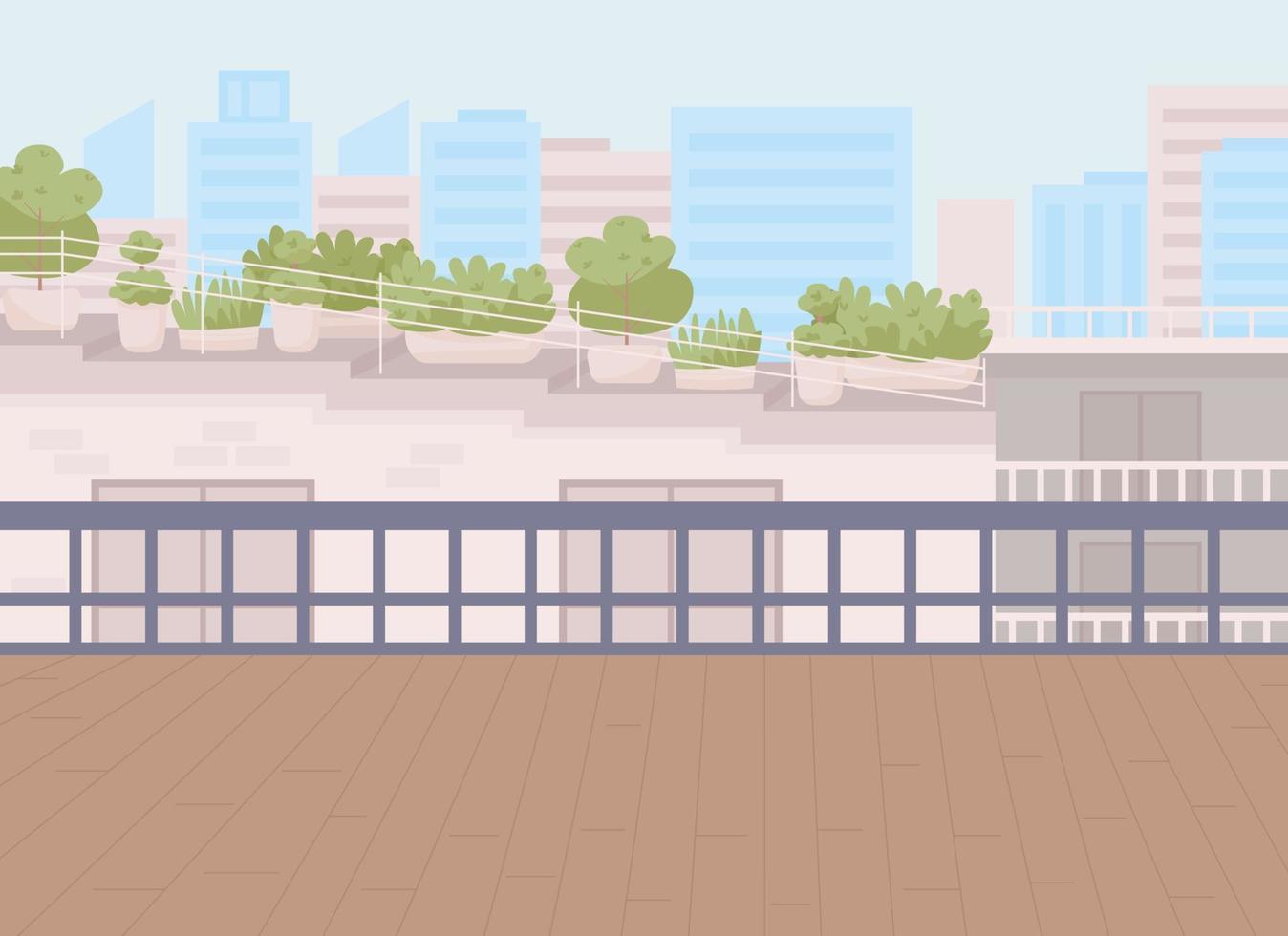 balkon visie vlak kleur vector illustratie. penthouse terras. luxe levensstijl. echt landgoed. ten volle bewerkbare 2d gemakkelijk tekenfilm stadsgezicht met modern gebouwen en wolkenkrabbers Aan achtergrond