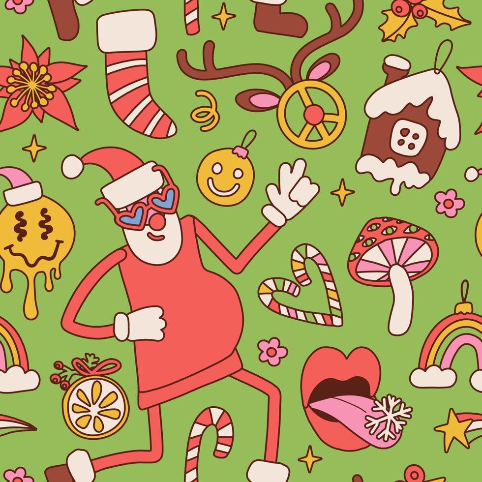 Kerstmis retro naadloos patroon met de kerstman claus , snoep riet, hippie bloemen, kousen en decoratief symbolen. wijnoogst jaren 70 stijl vector illustratie.