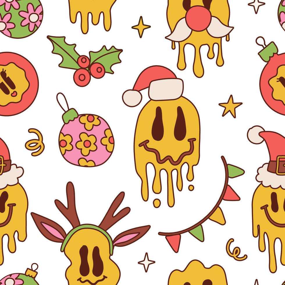 Kerstmis jaren 70 retro naadloos patroon met groovy glimlach gezicht, hulst, ballen, sterren Aan wit achtergrond. wijnoogst trippy vector illustratie voor winter vakantie ansichtkaart, uitnodiging, omhulsel verpakking