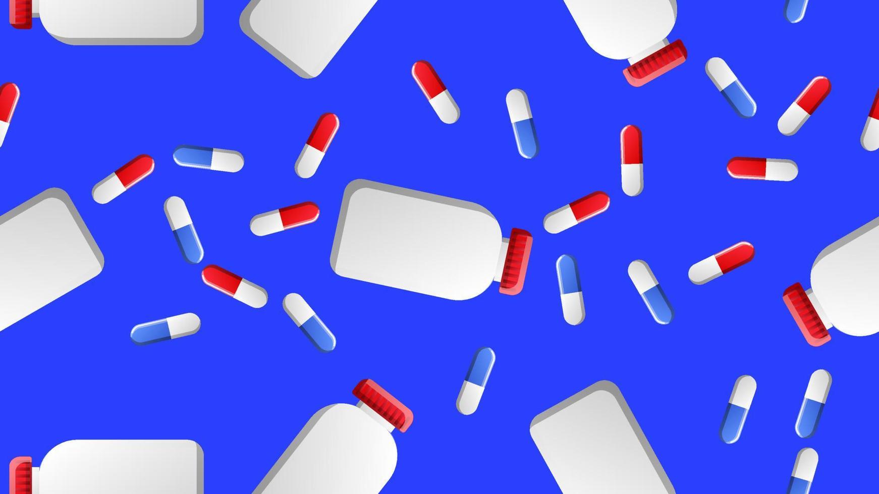 eindeloos naadloos patroon van medisch wetenschappelijk medisch items van farmacologische potten voor pillen en geneeskunde pillen capsules Aan een blauw achtergrond. vector illustratie