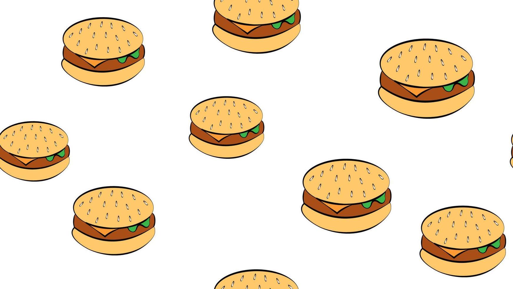 smakelijk hamburgers Aan een wit achtergrond, vector illustratie. patroon met helder, kleurrijk hamburgers met smakelijk en sappig vulling. geel, bruin, helder hamburgers. behang, voedsel patroon