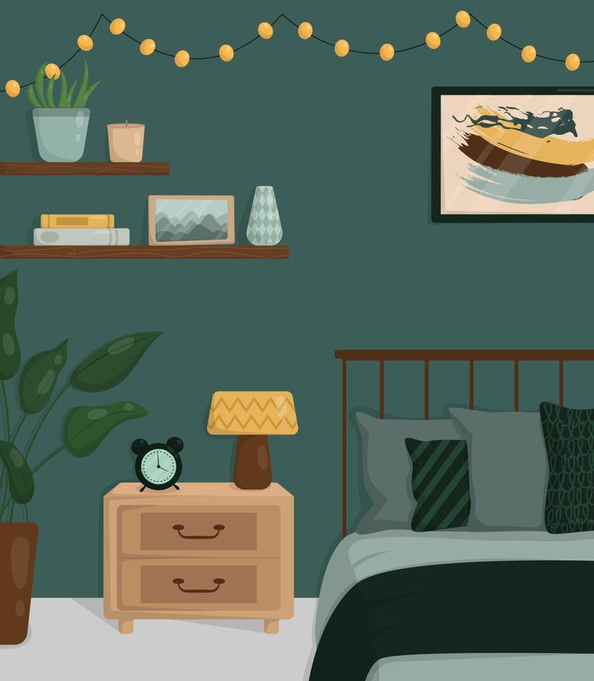 vector illustratie van slaapkamer, bed, nachtkastje tafel en schappen