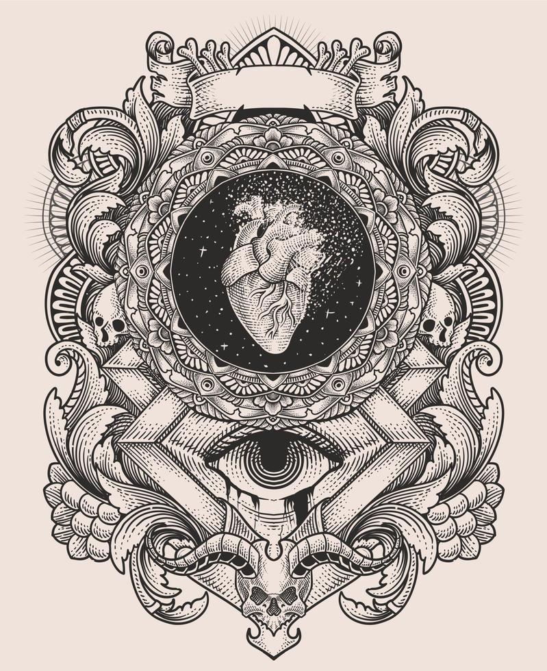 illustratie antiek hart met wijnoogst gravure ornament vector