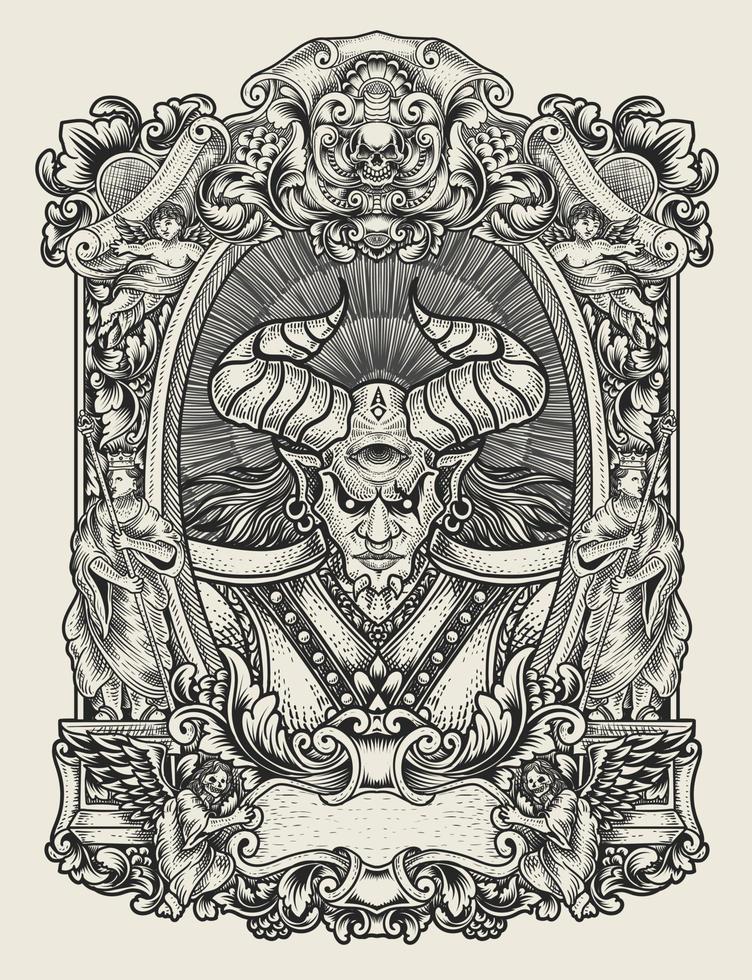 illustratie badass demon met gravure ornament vector