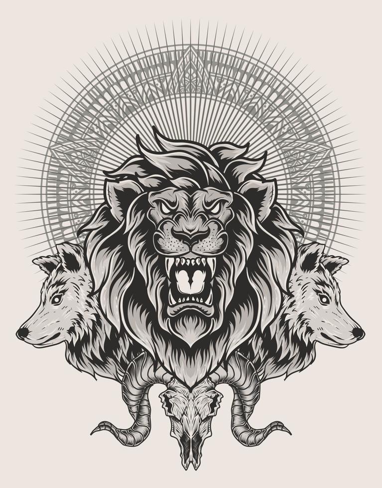 illustratie leeuw en wolfskop met geitenschedel vector