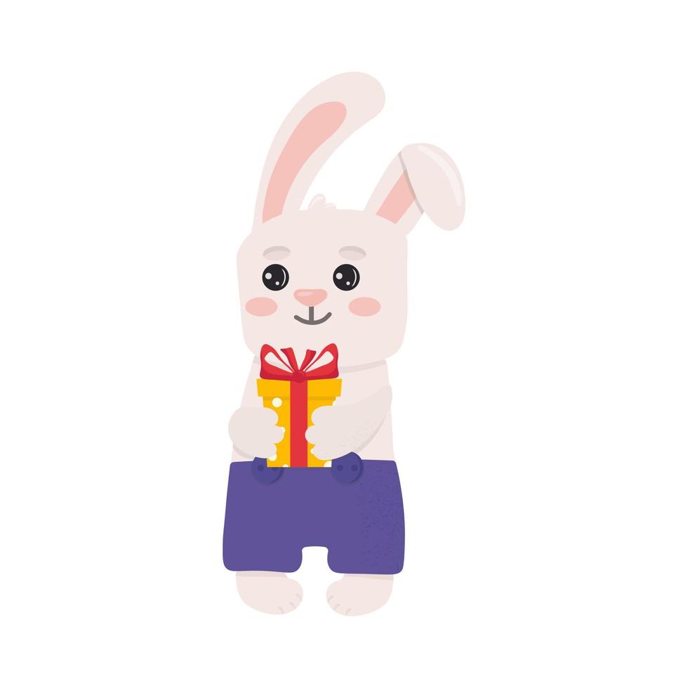 schattig wit konijn Holding een geschenk. kinderachtig vector karakter. vector illustratie. perfect voor Kerstmis kaarten en decoratief ontwerp.