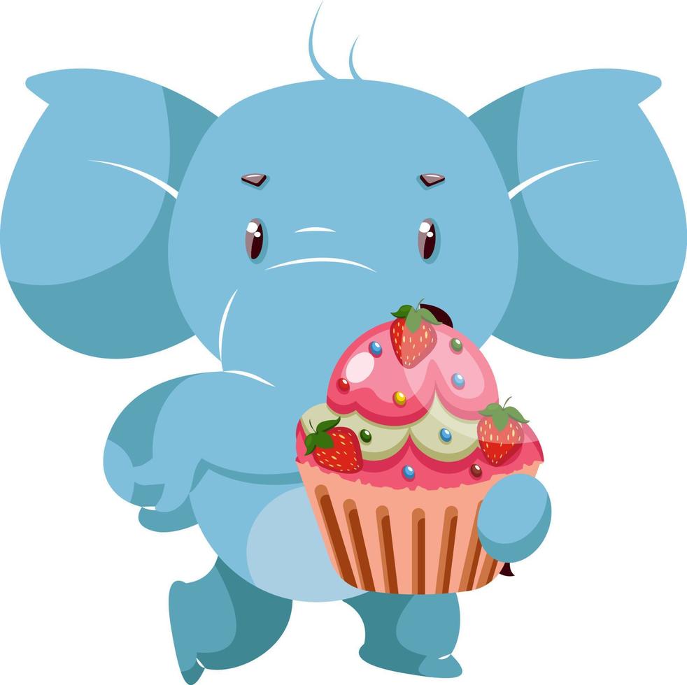 olifant met taart, illustratie, vector Aan wit achtergrond.