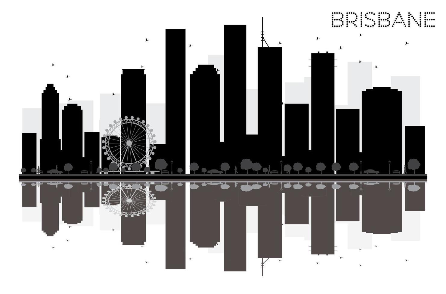 Brisbane stad horizon zwart en wit silhouet met reflecties. vector