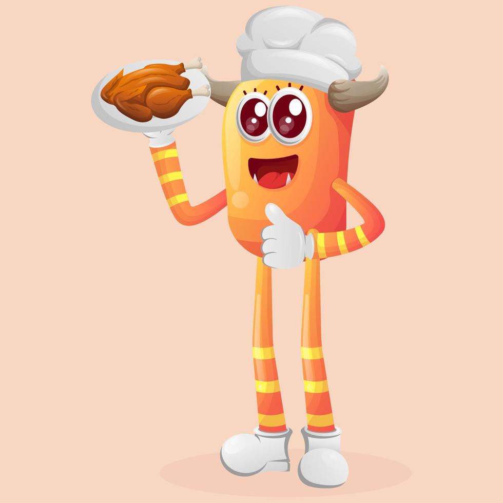 schattig oranje monster, chef portie voedsel vector