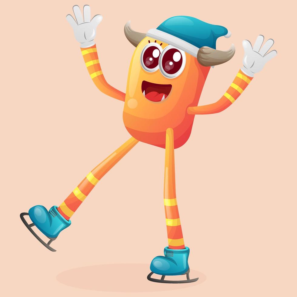 schattig oranje monster ijs het schaatsen vector