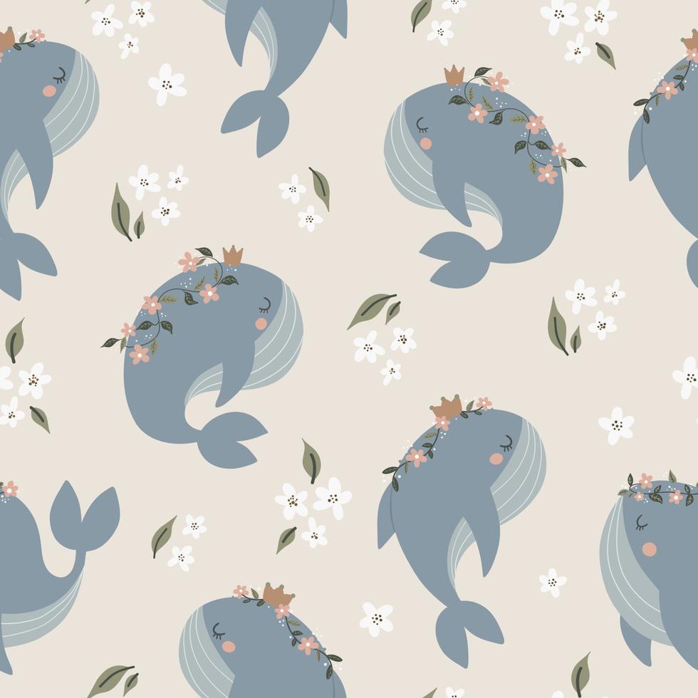 naadloos patroon met walvissen en bloemen in Scandinavisch stijl Aan een beige achtergrond. schattig baby dieren. patroon voor kinderen met walvissen. vector