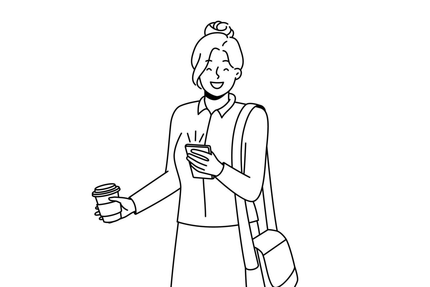 glimlachen zakenvrouw gebruik mobiele telefoon drinken koffie van meenemen beker. gelukkig gemotiveerd vrouw werknemer genieten afhaalmaaltijd drinken bladeren smartphone. vector illustratie.