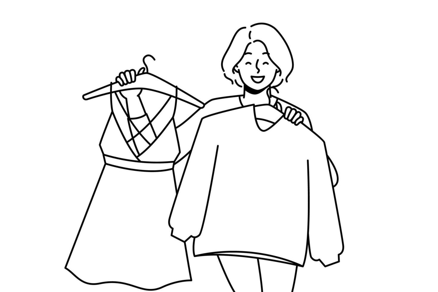 glimlachen vrouw Holding kleren Aan hangers Kiezen wat naar dragen. gelukkig vrouw boodschappen doen voor nieuw kleding in winkelcentrum of op te slaan. vector illustratie.