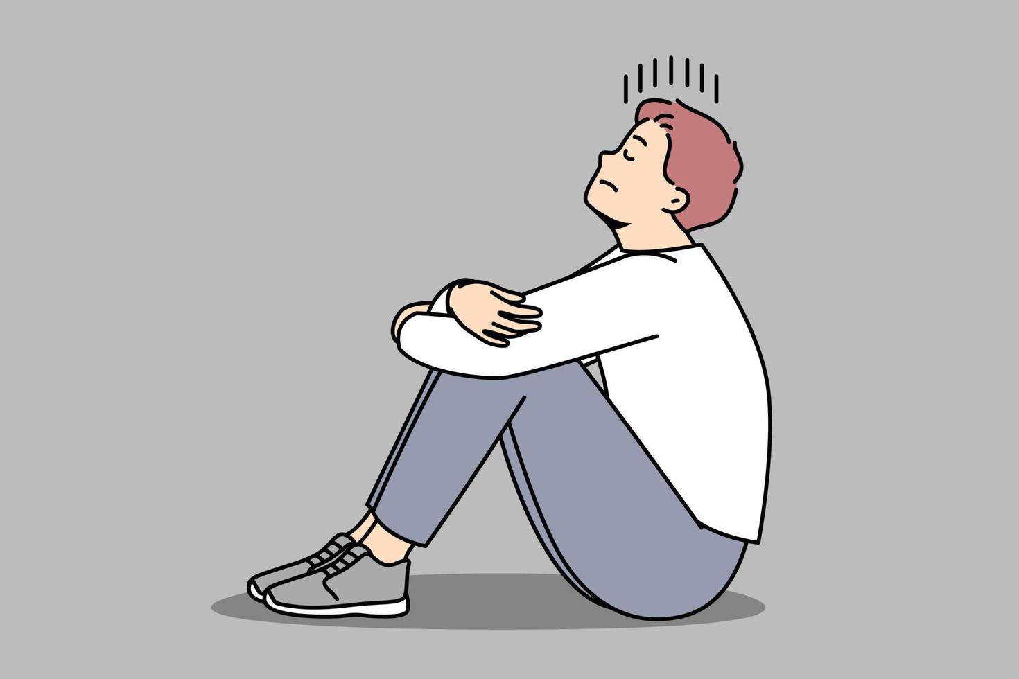 ongelukkig jong Mens zitten Aan verdieping lijden van eenzaamheid en herhalende gedachten. benadrukt mannetje worstelen met depressie of ongerustheid. vector illustratie.