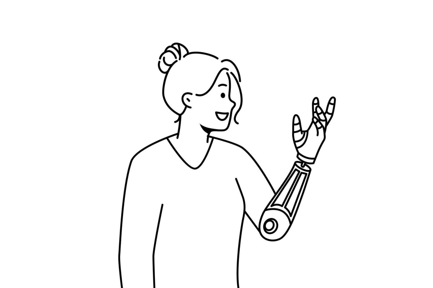 glimlachen jong vrouw met bionisch arm. gelukkig vrouw met prothese gevoel optimistisch. onbekwaamheid en technologie. vector illustratie.