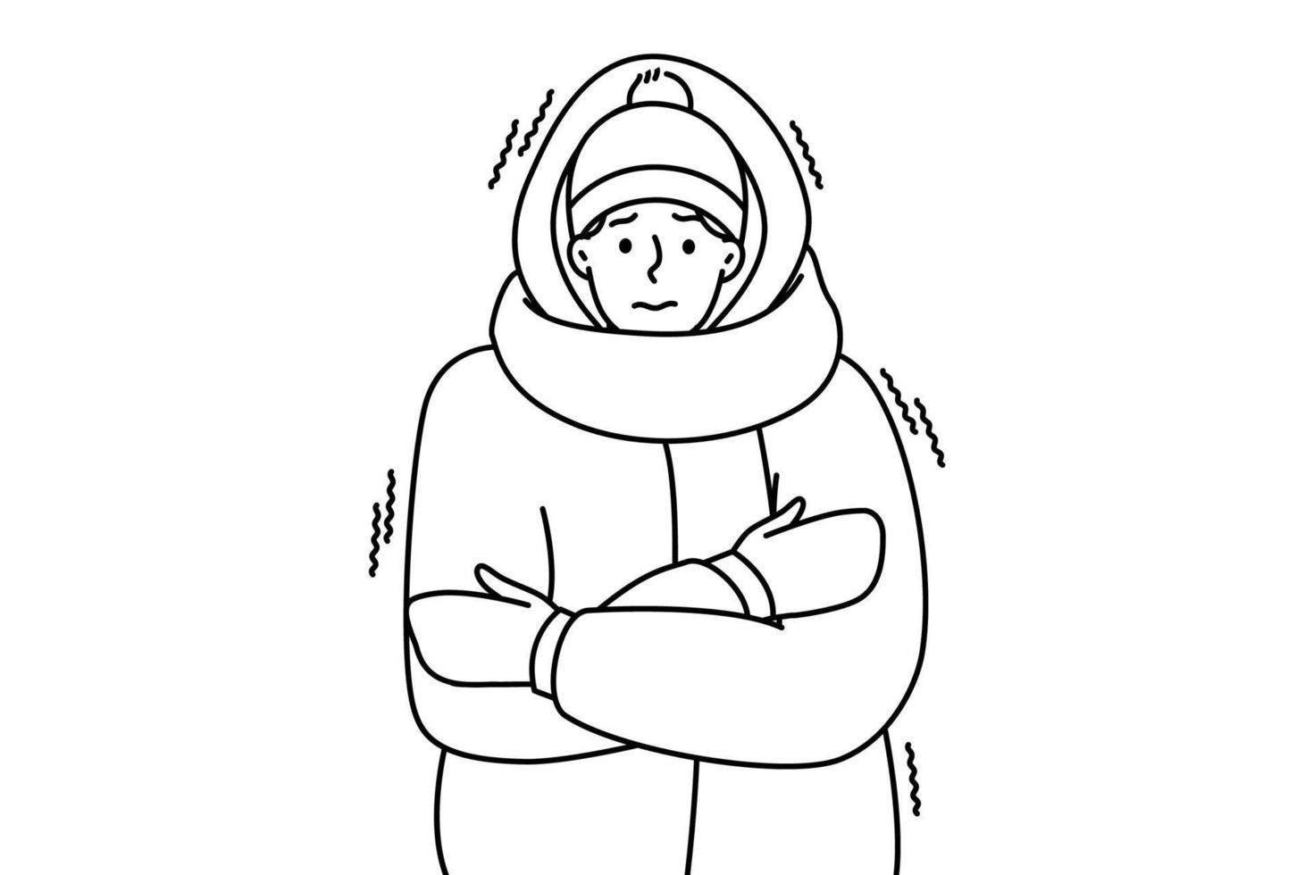 jong Mens in bovenkleding gevoel verkoudheid en bevriezing buitenshuis. ongelukkig bevroren vent in jasje lijden gedurende verkoudheid dagen in winter. vector illustratie.