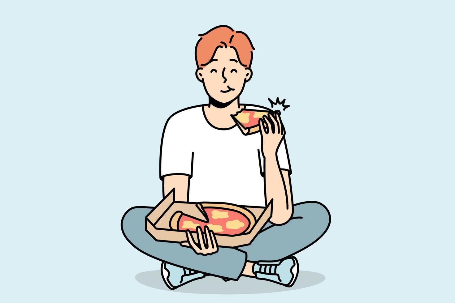 glimlachen jong Mens aan het eten heerlijk pizza. gelukkig vent genieten smakelijk Italiaans voedsel zittend Aan vloer. voeding en meenemen levering. vector illustratie.