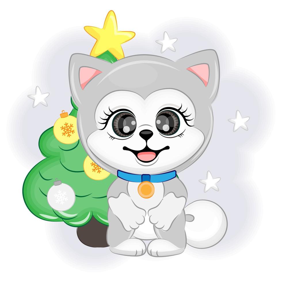 schattig hond Alaska malamute met een Kerstmis boom, Kerstmis of nieuw jaar vector illustratie