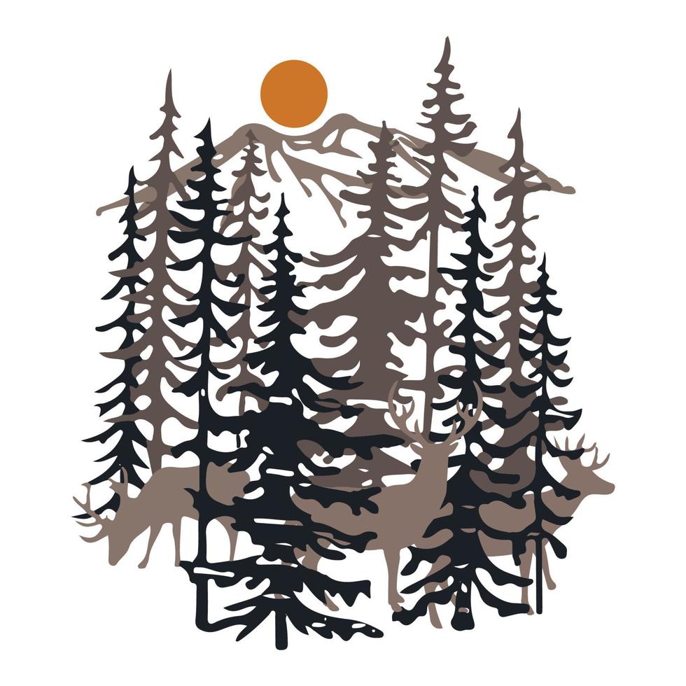 Woud bergen met zon en hert silhouet. herten in Woud illustratie. vector voorraad illustratie.