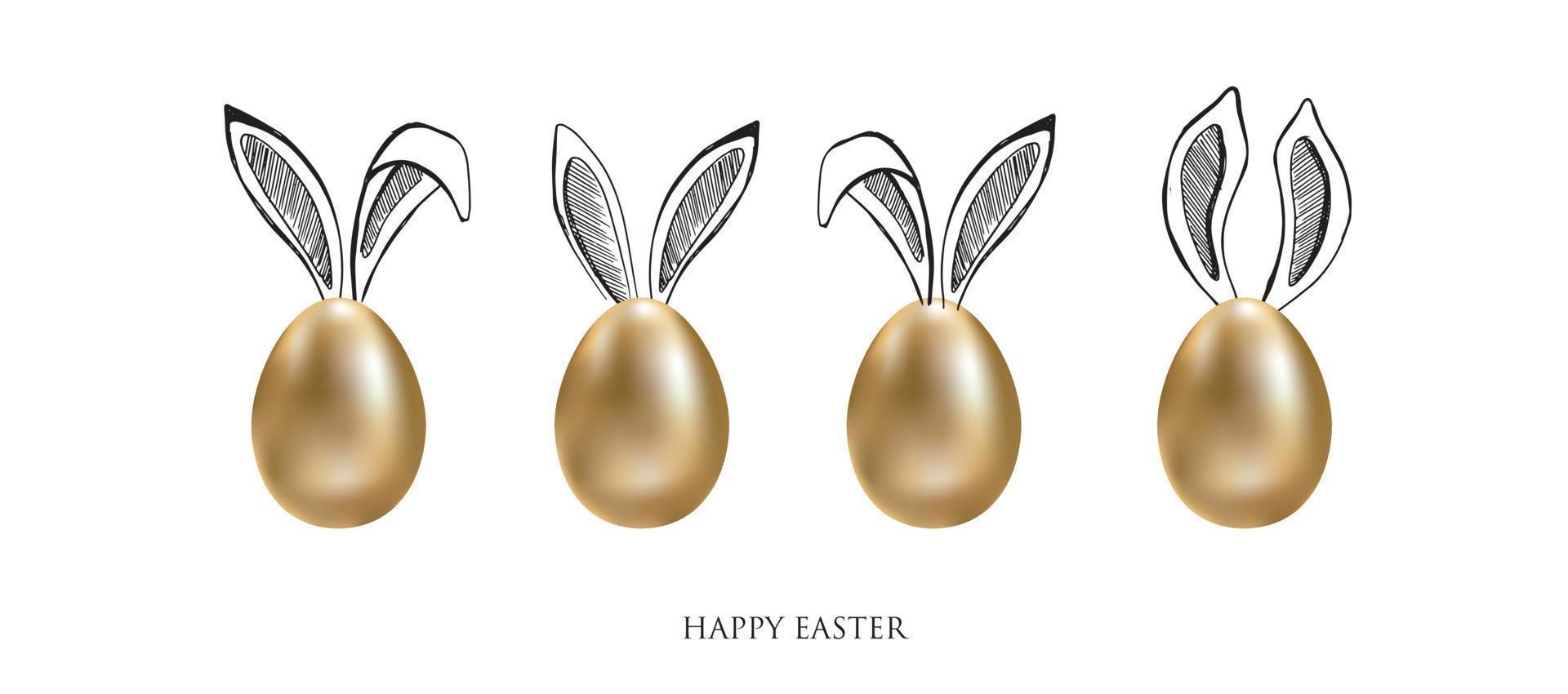 gelukkig Pasen. konijnen oren. gouden eieren. hand getekende illustratie. vector