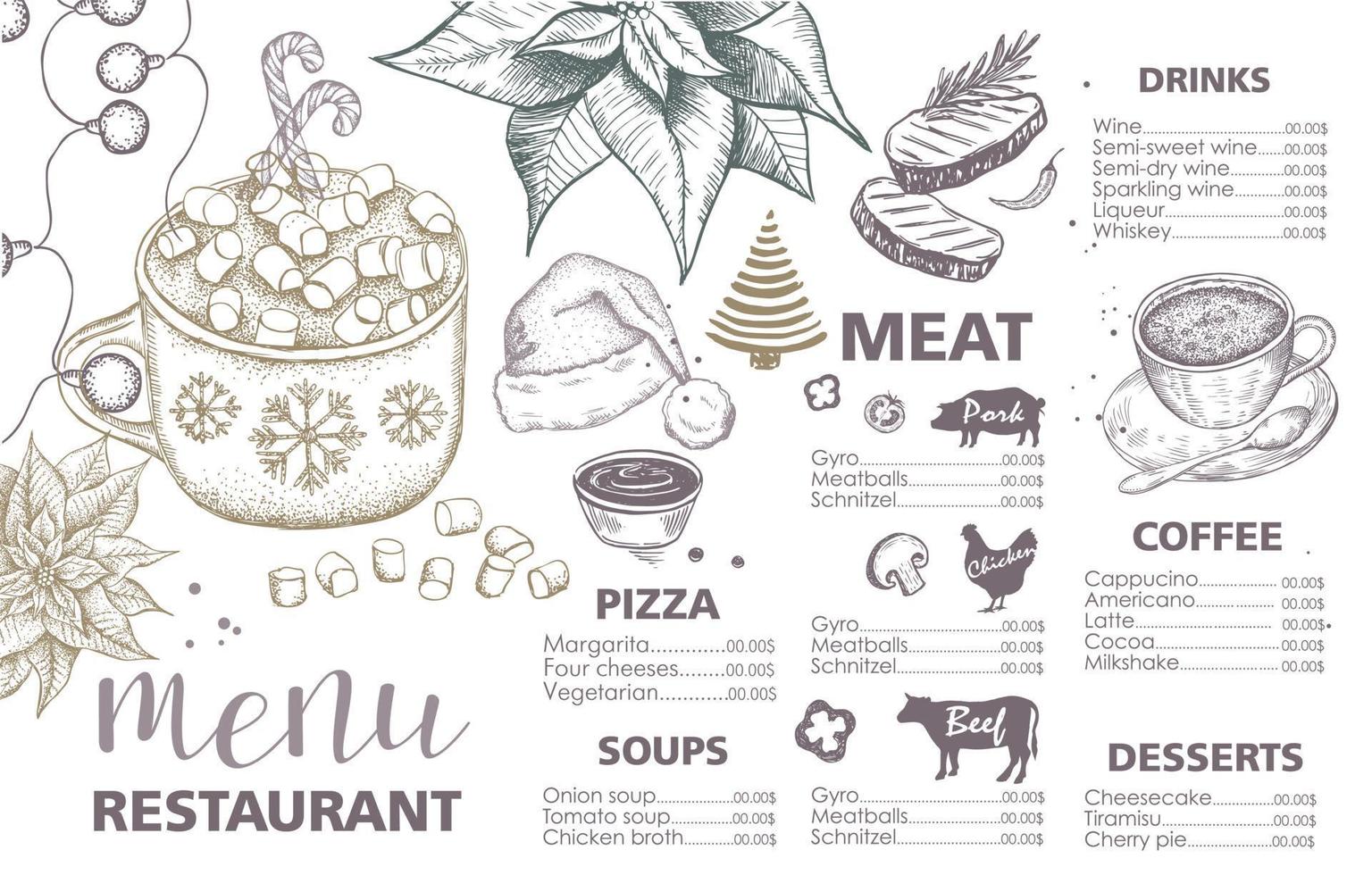 kerstmenu. ontwerp sjabloon. vector hand getekende illustratie.