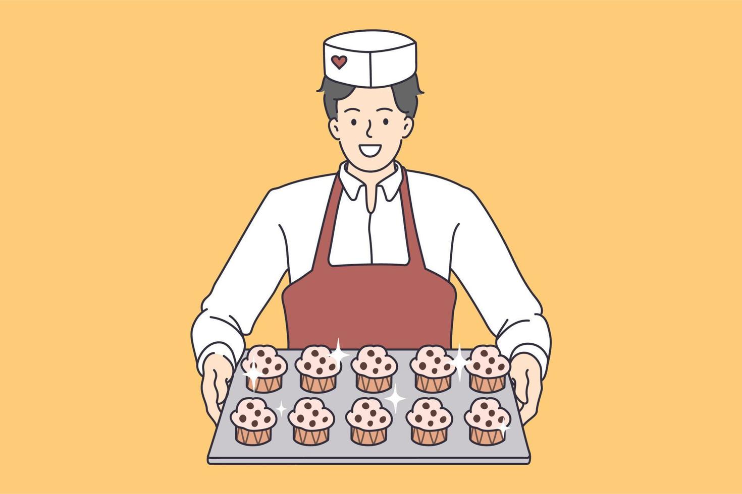 gebakje bakken arbeider met cupcakes dienblad. vector concept illustratie van desserts bakker portie zoet muffins.