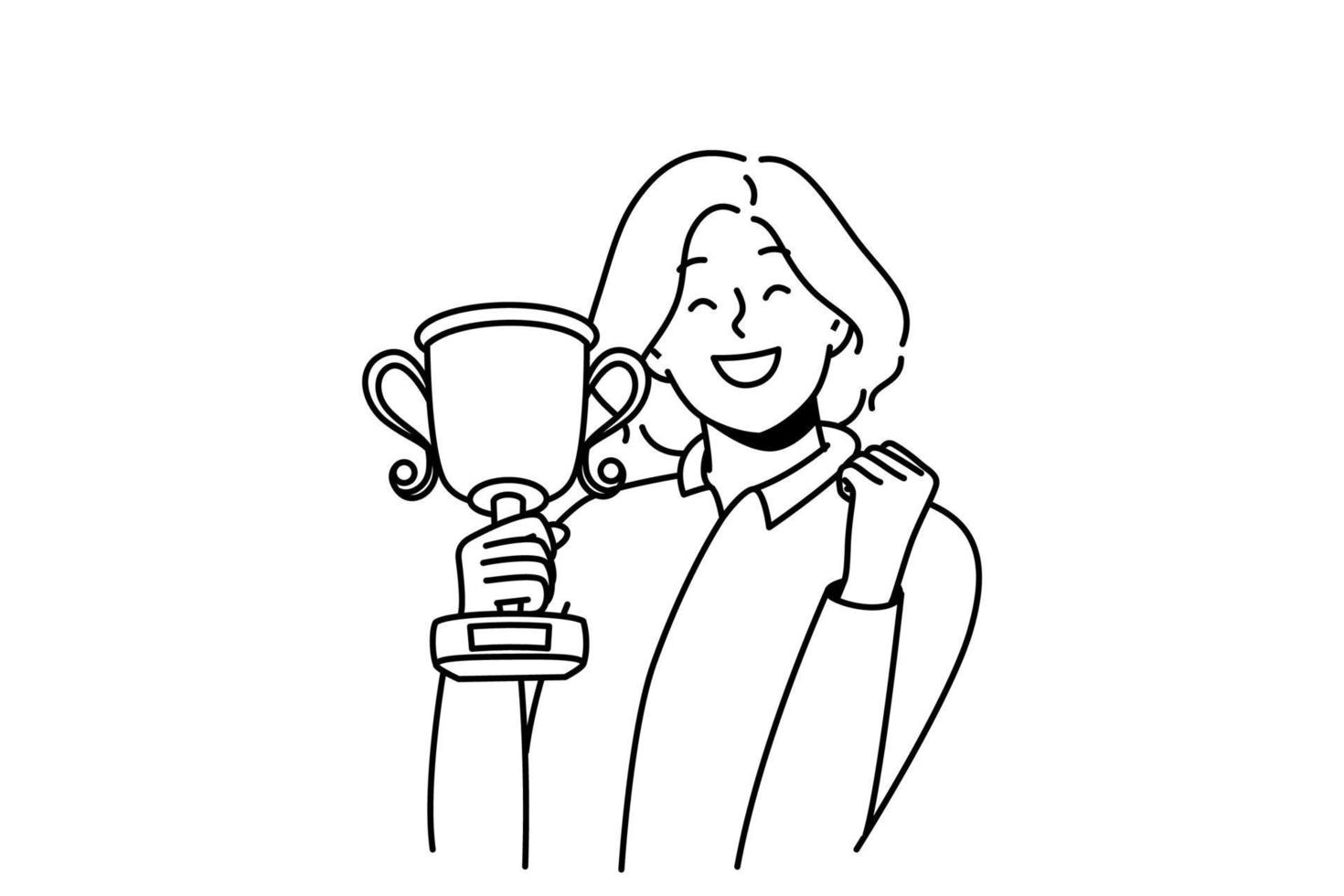 dolblij jong vrouw met goud trofee in handen vieren winnen of zege. glimlachen zakenvrouw met gouden prijs opgewonden met persoonlijk prestatie of succes. vector illustratie.