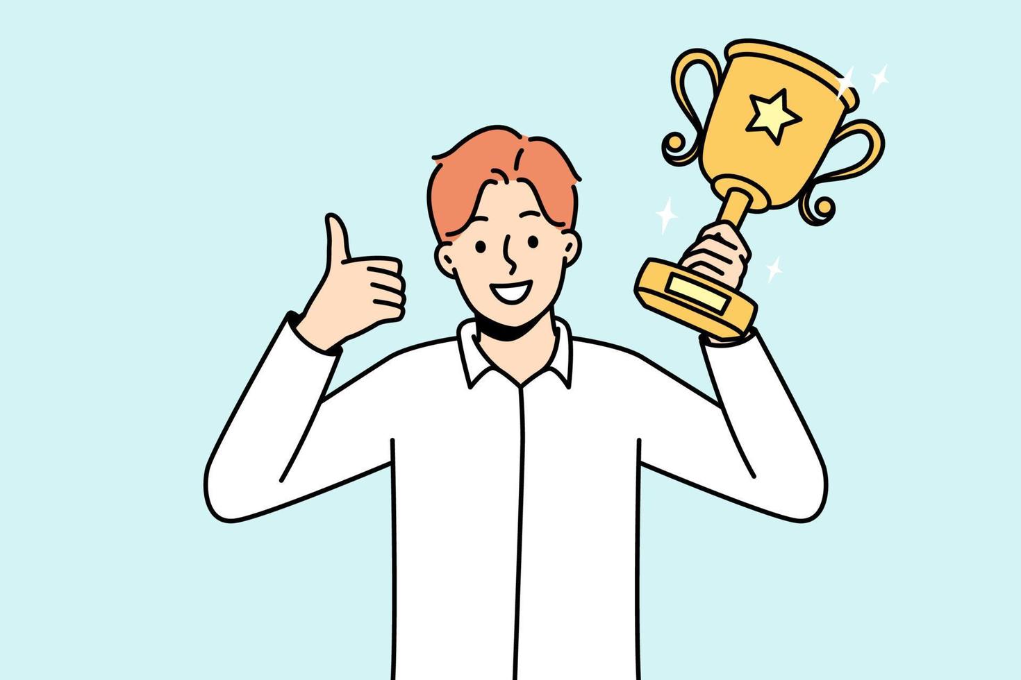 dolblij jong Mens met goud prijs in handen vieren winnen. glimlachen zakenman met gouden prijs of trofee tonen duim omhoog. vector illustratie.