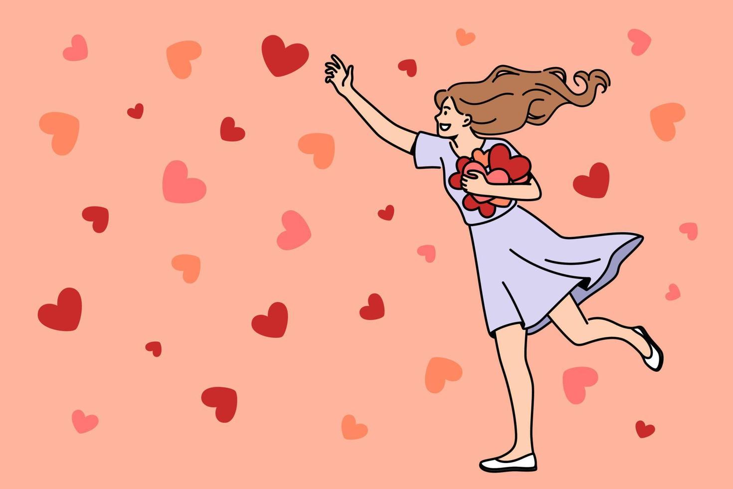 hart, liefde en geluk concept. jong glimlachen vrouw tekenfilm karakter wandelen verzamelen rood harten in handen gevoel liefde vector illustratie