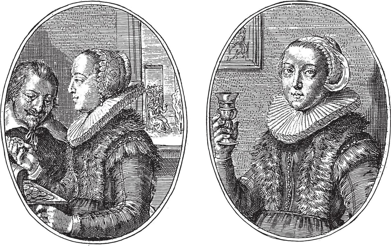 twee menisters zusters, crispijn busje de passe ik, 1641, wijnoogst illustratie. vector